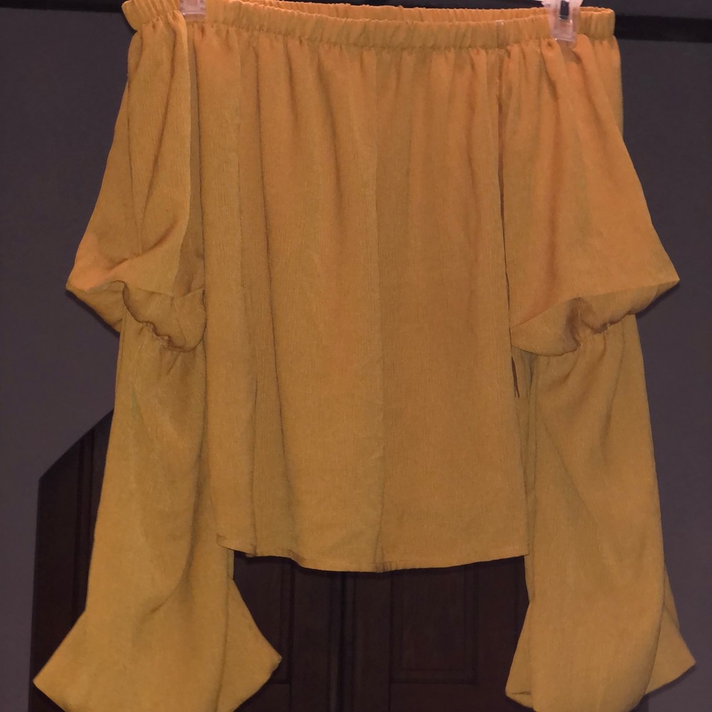 mustard yellow off the shoulder flared blouse